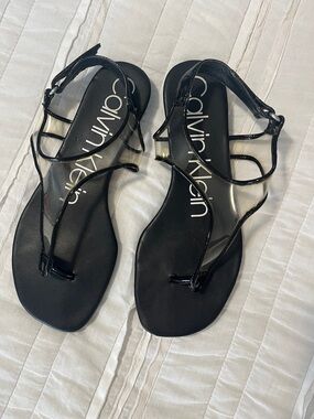 Calvin Klein Black Patent Strappy Sandals with Clear Panel